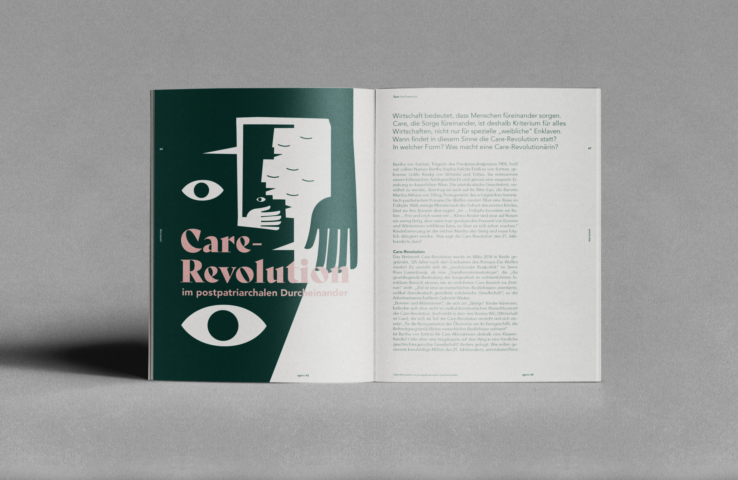 Foto von einer aufgeschlagenen Magazin-Doppelseite. Links ist eine abstrakte Illustration von Gesichtern und Augen zusehen und darüber steht geschrieben "Care Revolution". Rechts steht der dazugehörige Artikeltext auf weißem Grund.